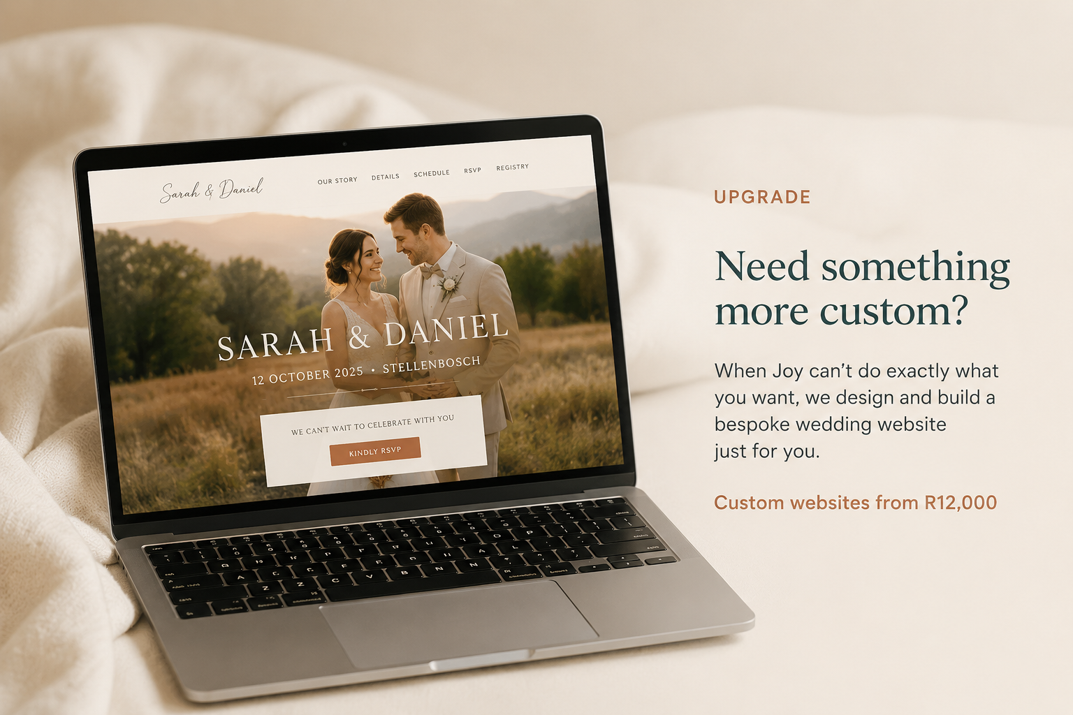 Custom wedding website preview on laptop